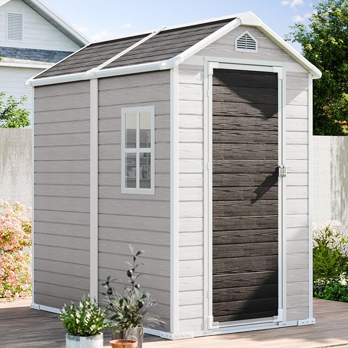 6x4 FT Outdoor Storage Shed, Waterproof Resin Shed with Floor & Lockable Door & Window & Vents, Plastic Tool Shed for Backyard, Patio, Poolside, All Weather Use,Dove Grey