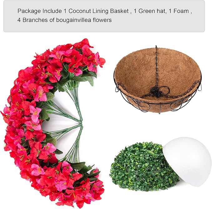 Artificial Fake Hanging Flower Plants Basket for Outdoors Spring Summer Decoration, Faux Bougainvillea Flowers in Planter Look Real UV Resistant Silk Flower for Outside Porch Patio Garden Home Decor