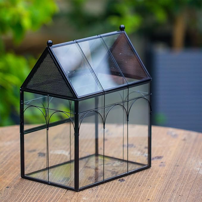 NCYP Glass Enclosure with Vent Holes for Insect, Jumping Spiders - 7.5" x 4.9" x 9" Small Closed Front Opening Door Succulent Terrarium - House Shape Habitat, Home Decor Black (No Plants)