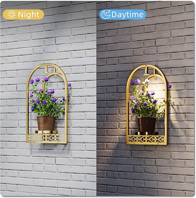 Wall Planter Holder with Light, Metal Arch Frame Hanging Plant Stand with Grow Lights, Modern Black Iron Wall Decor for Indoor Outdoor Living Room, Balcony & Garden 2 Pack Golden