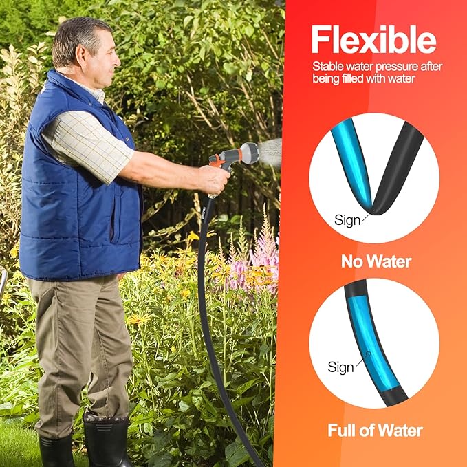 SPECILITE Garden Water Hose 100 ft x 5/8 in Heavy Duty, Flexible and Lightweight, Burst 600 psi, Kink-less Hybrid Rubber Pipe for Backyard, 3/4'' Brass Fittings, Black