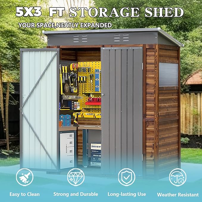 5x3 FT Outdoor Wood Storage Shed, Garden Tool Shed with Windows, Outside Storage Shed Waterproof for Backyard, Garden, Patio, 4 Vents (Without Floor) Wood Color
