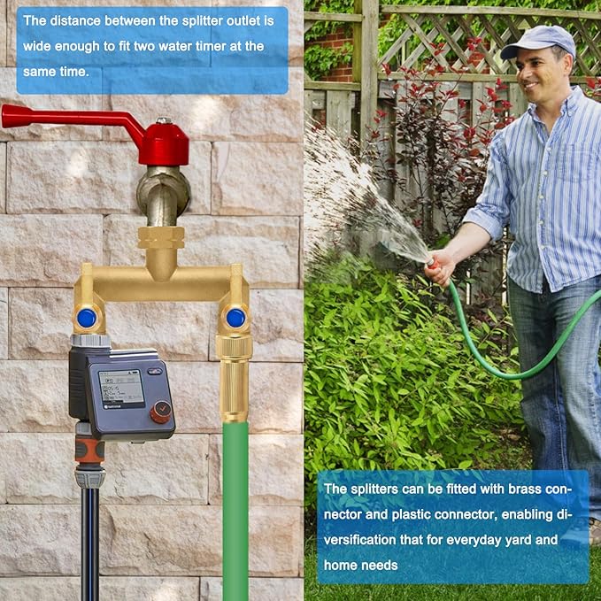 Brass Garden Hose Splitter, Garden Hose Splitter 2 Way Heavy Duty, Outdoor Hose Splitter, GHT 3/4 in. Female Inlet and 3 Way 3/4 in. Male Outlet for Regulating and Shutting Off Water Flow
