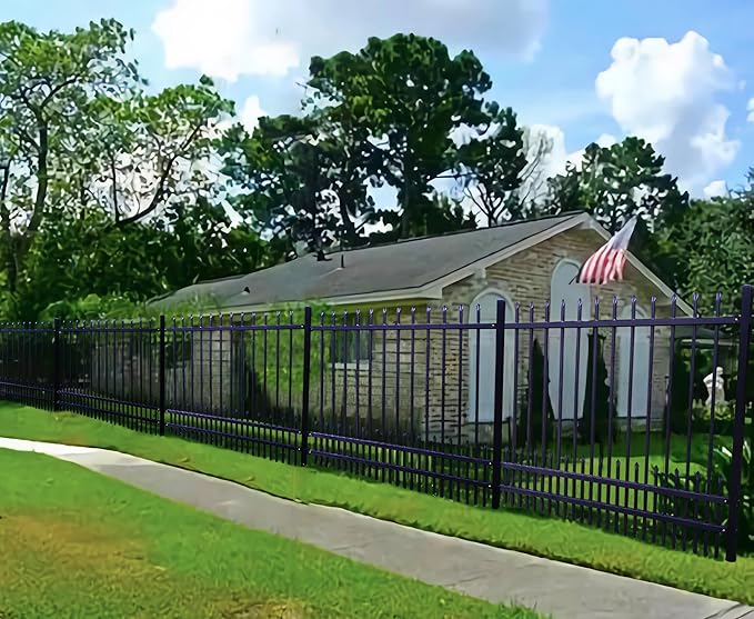Metal Fence Panels with Dog Pickets, 6ft H x 6.5ft W Galvanized Steel Fence DIY Installation for Outdoor Garden Fence incl. 1 Fence Post, Wrought Iron Style Steel Fencing, Black (Upgraded)