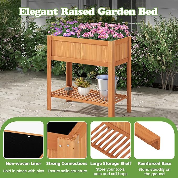 2-Tier Elevated Garden Planter Bed, Fir Raised Garden Bed Outdoor with Legs & Storage Shelf for Vegetables, Flowers & Herbs, Wooden Planter Box Raised Bed for Gardening, Balcony & Porch