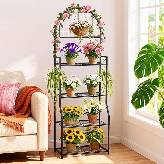 4 Tier Plant Stand Indoor Outdoor, Metal Plant Display Stand Plants Shelf Rack for Multiple Plants, Black Flower Plante Pots Holder for Patio Garden Balcony Living Room