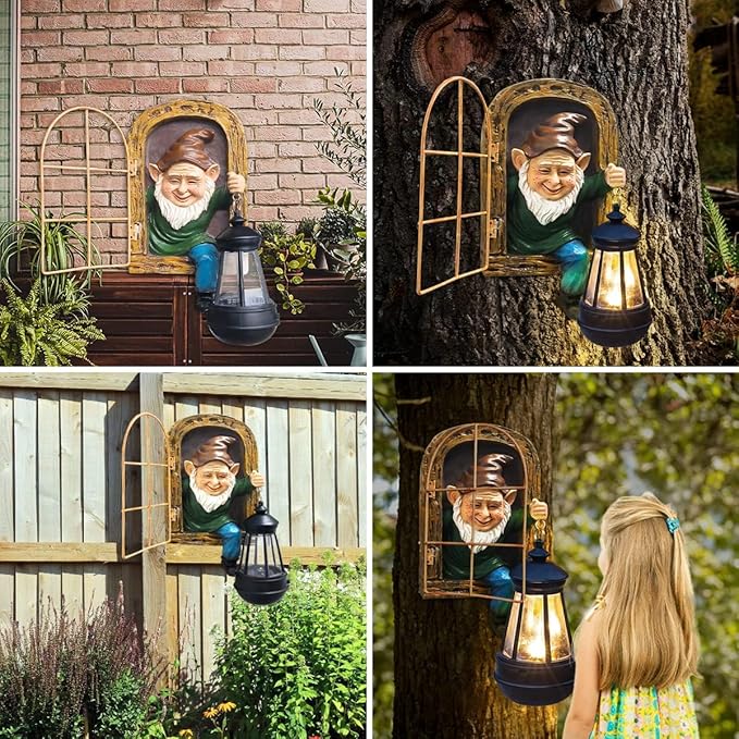 Gnomes Statue with Solar Lights Christmas Decorations Whimsical Fairy Garden-Elf Outdoor Tree Hugger Garden Statues- Tree Face Sculpture, Yard Art for Patio,Fence,Lawn,Wall Gnomes Ornament