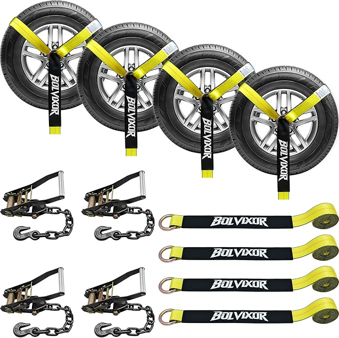 4 Pack Car Tie Down Straps for Trailers - 2" x 96" - 9900LBS Break Strength - Tire Ratchet Straps with Heavy Duty Chain Anchors for Hauling UTV, SUV, Truck, Any Cars