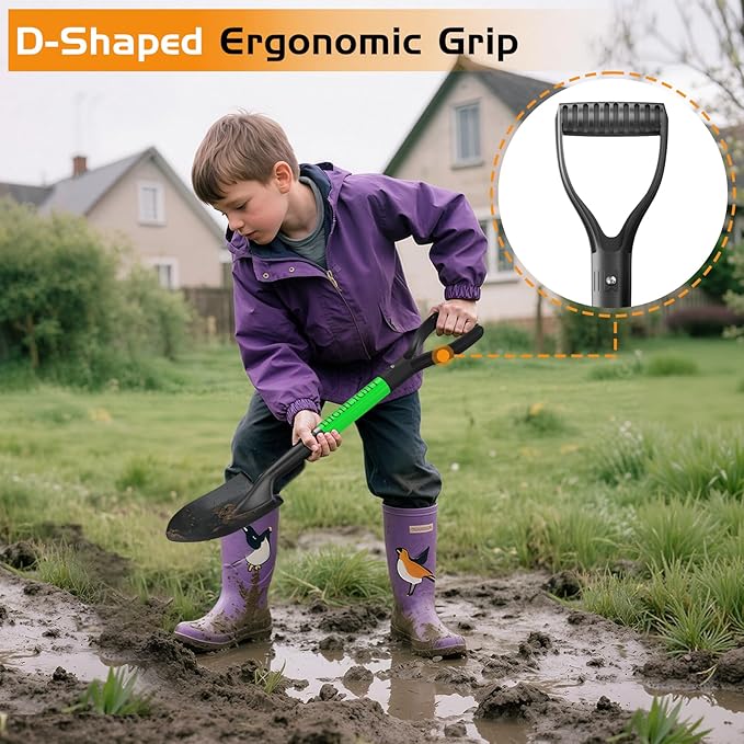 HIGHLIGHT Kids Shovel, Small Shovels for Digging, Overall Length 28 Inches, Mini D Handle, Gardening Shovel, Metal Beach Shovel, Camping, Snow, Fiberglass Handle, Green