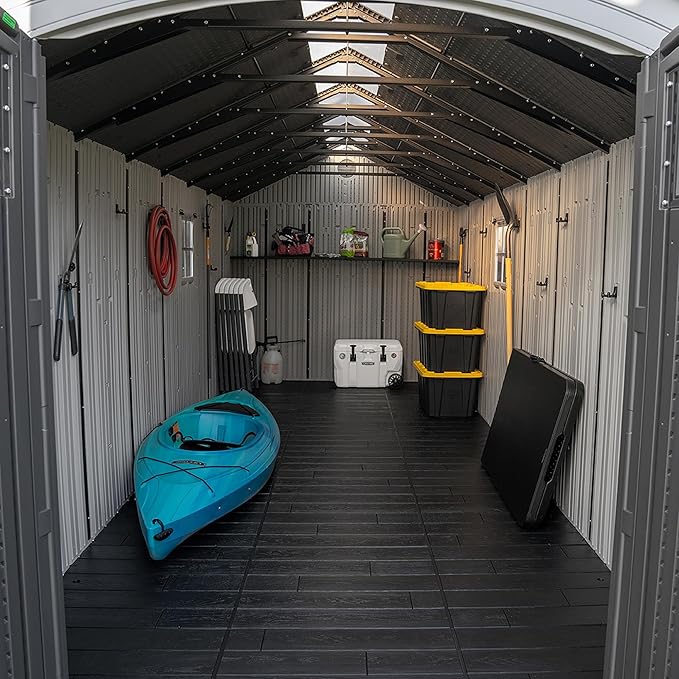 Lifetime Outdoor Storage Shed, 8x20 Ft, Gray, Resin Backyard Tool Shed with Lockable Doors and Weather-Resistant Panels