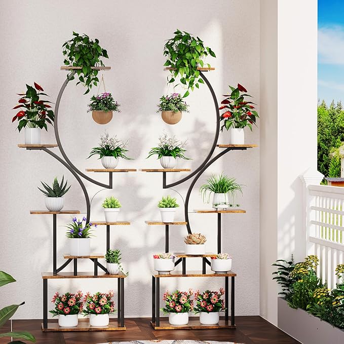 Plant Stand Indoor with Grow Lights, 2 Pack 62" Tall Corner Plant Shelf with Hook for Plants Multiple, Tree-Shaped Tiered Metal Plant Flower Holder with Adjustable Brightness & Timer for Home, Patio