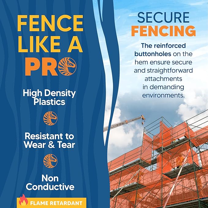 Fire Retardant Debris Safety Netting (5.6' x 150' - Orange) - High Visibility Construction & Scaffolding & Railing & Elevator Netting for Enhanced Safety - Construction Fencing
