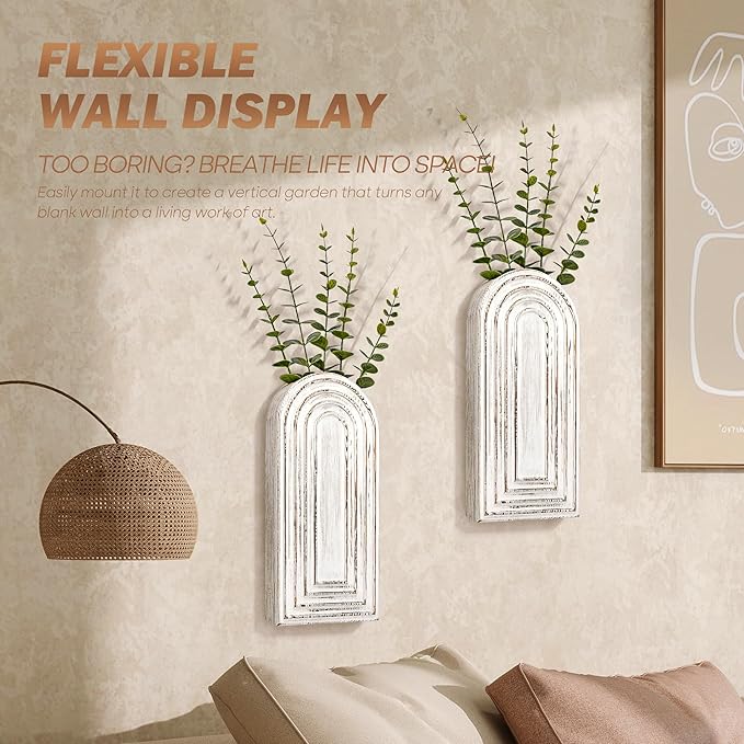 EOSAHR Pine Wood Wall Vases Set of 2 – Farmhouse Wall Decor for Living Room, Bedroom & Office – Hanging Planters for Indoor Plants & Artificial Flowers, Best Boho Chic Decor Accent (Whitewash)