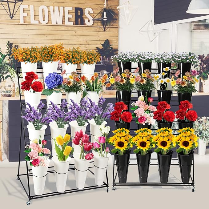 Flower Display Stand with Buckets, 3 layers Metal Plant Stand with Wheels, Moving Florist Bouquet Shelf for Fresh Shop, for Patio Garden, Outdoor Flower Pop-Up Events (Black Frame - White Bucket)