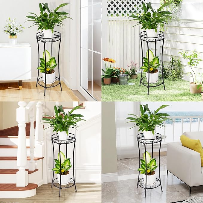 Plant Stand Indoor Outdoor 2 Tier 29" Tall Metal Heavy Duty Rustproof Plant Shelf, Round Multi Tier Flower Pot Holder for Garden Patio Balcony, Black