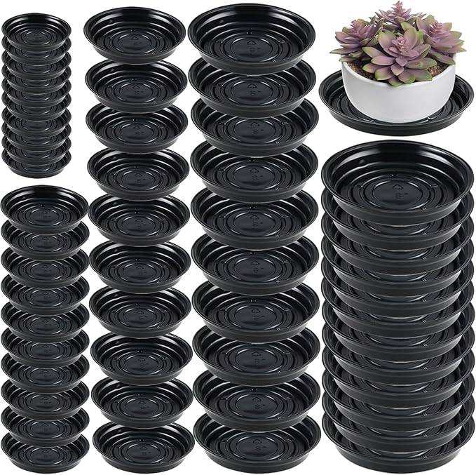 50 Packs 4/6/8/10/12 Inches Plant Saucers for Indoor Outdoor Use Heavy Duty Plastic Plant Plate Dish for Planter Bulk Round Flower Pot Drip Trays to Catch Water 4 to 20 Inch, Black