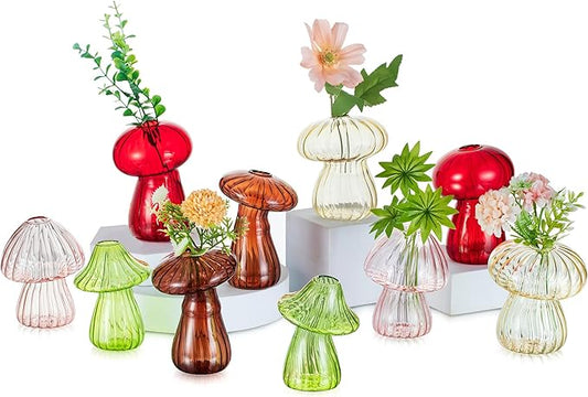 Glasseam Mushroom Plant Propagation Stations: Cute Glass Terrarium Jar Propagation Vase Set of 10 Hydroponic Planters for Home Room - Unique Colorful Mushroom Decor Gifts for Plant Lovers