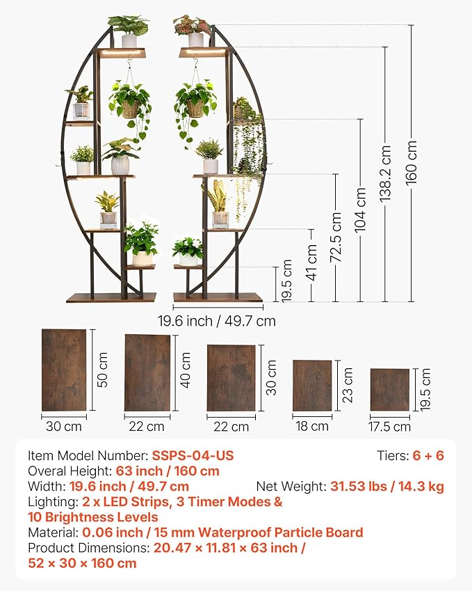 VEVOR Plant Stand Indoor with Grow Lights, 63 in Tall 6-Tiered Lighted Plant Shelf, 2 Pack Metal Corner Plants Holder, 3 Timer & 10 Brightness, Half-Moon Shaped Flower Display Rack for Living Room