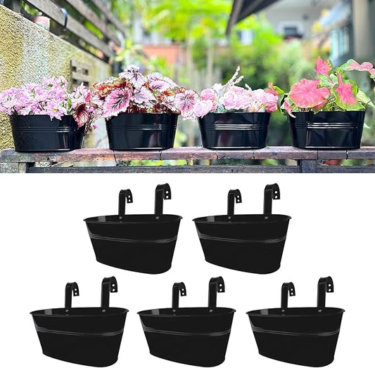 LaLaGreen Outdoor Plants Rail Planter (11.2 Inch, 5 Pack) Black Metal Iron Hanging Flower Pots Deck Railings Fence Buckets Modern Boho Style Wall Mount Window Box Plant Holder Hooks Porch Home Decor