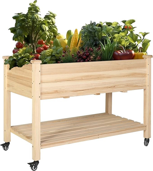MUPATER 4x2FT Raised Garden Bed, Mobile Wood Planter Box with Four Wheels and Legs for Herbs and Vegetables, Elevated Garden Bed with Storage Shelf for Outdoor Indoor, Natural Wood