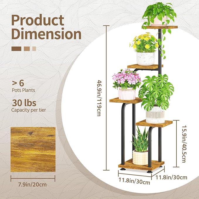 LASZOLA Black 5 Tiered Tall Plant Stand Indoor with Heavy Duty Wood Tray, Large Multi Level Vertical Planter Rack for Narrow Corner, Sturdy Rustic Tall Orchid Flower Shelving Holder for House Decor