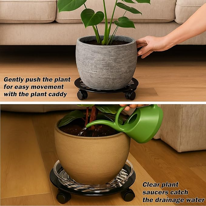 4 Packs Large Metal Plant Caddy with 3 PU Wheels 12" Heavy-duty Wrought Iron Rolling Plant Stands Indoor Outdoor Wheeled Plant Dolly Planter Mover Rollers Plant Trolley Cart, Plant Saucers Included
