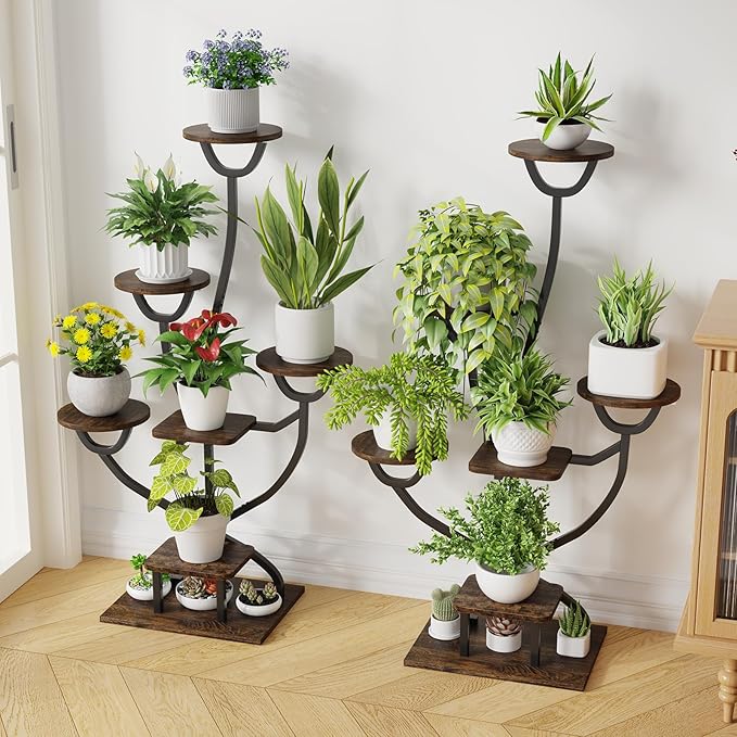 Plant Stand Indoor with Grow Lights - 44.2" Tall Plant Shelf, Lighted Corner Plant Stands for Indoor Growing, 7 Tiered Metal & Wood Plant Holder Display Shelves for Living Room, Patent Design - C4