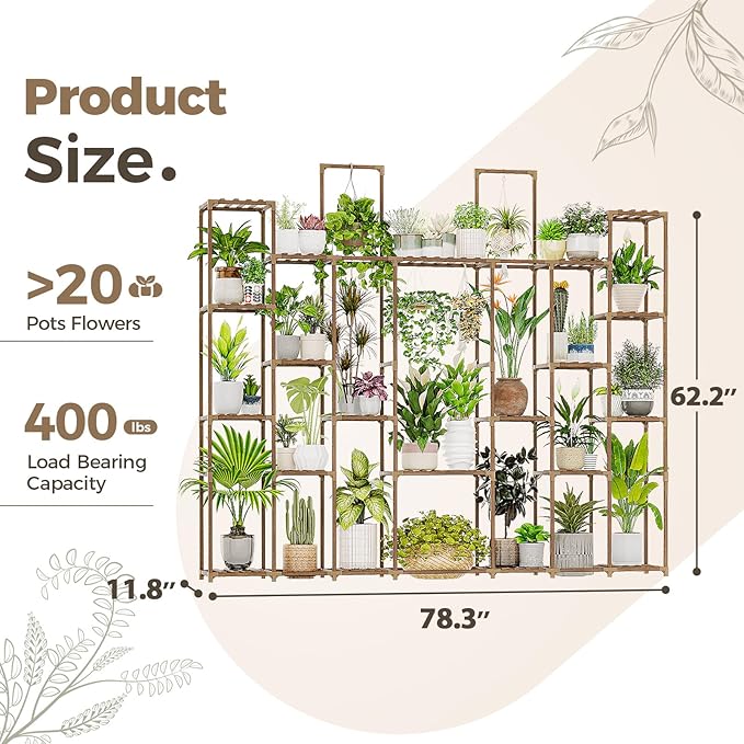 Bamworld Plant Shelf Indoor 30 Pots Large Plant Shelf Wide Tall Outdoor Plant Holder Wood for Multiple Plants Plant Rack for Living Room Garden Balcony Flower