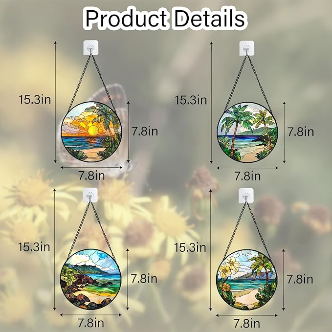 Stained Glass Window Hanging 4 Pcs Set Blue Ocean Coconut Tree Scenery 7.8" - Suncatcher Door Garden Sun Catcher Decor Birthday Christmas for Mom Woman Nana Men