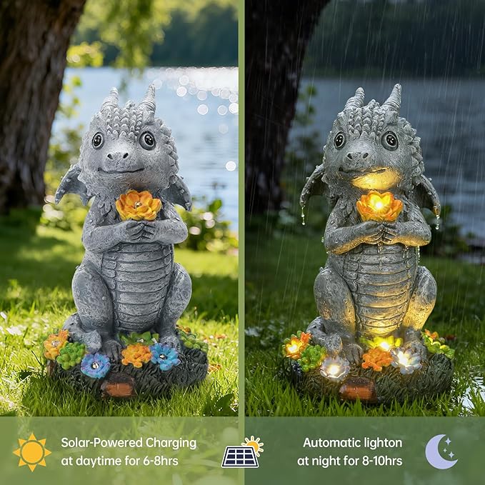 Solar Garden Outdoor Statues Dragon Holding Flower with LED Lights, Lawn Decor Outside Statue for Patio, Balcony, Yard Ornament, Housewarming Gift for Wife Mom Grandma