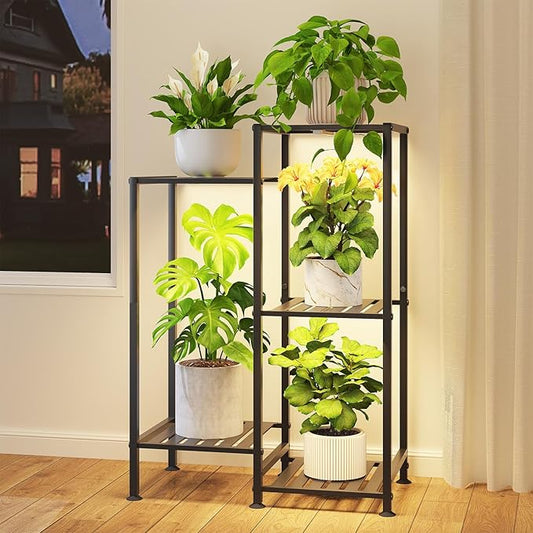 iDavosic.ly Indoor Plant Stand with Grow Light, Metal 5 Tier Corner Flower Holder Shelf Outdoor for Large Pots, Tall Rack for Patio Porch Balcony Living Room, Black