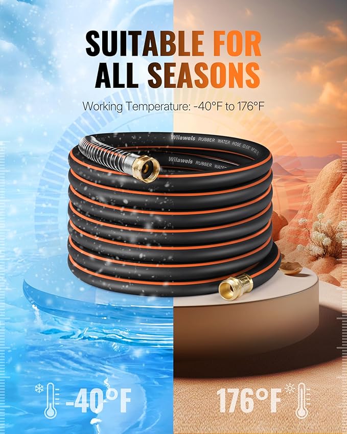 50FT x 5/8" Rubber Rubber Garden Hose, Heavy Duty Garden Water Hose, 300 PSI Working, 1000 PSI Burst, Swivel Handle with Stainless Steel Ring, 5-Layer Braided, All-Weather Outdoor Use