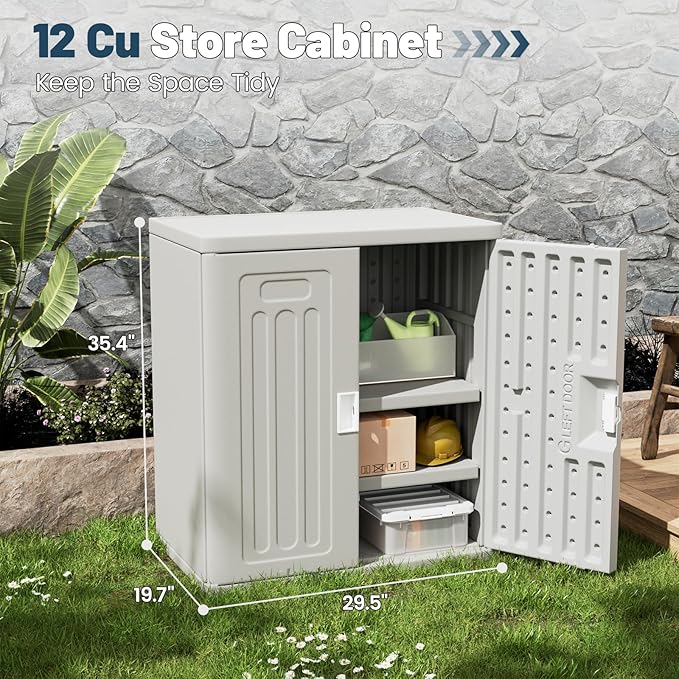 Amopatio Outdoor Storage Cabinet with 2 Shelves, Resin Storage Cabinet Waterproof Plastic Storage Shed - Outdoor Patio Tools, 19.7" D x 29.5" W x35.4 H, Gray