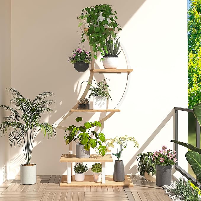 YOLENY Indoor Plant Stand with Grow Lights, Tall Corner Shelf for Multiple Plants, 47" Metal Rack with Hanging Hook for Living Room, Balcony, Patio