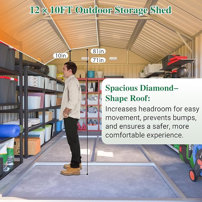 10×12 FT Outdoor Storage Shed,Heavy-Duty Metal Shed with Floor Base,All Weather Waterproof Tool Shed W/Diamond Roof & Windows,Lockable Double Door & 4 Air Vents,for Backyard,Patio,Lawn,Gray