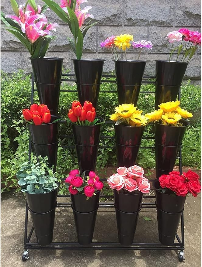 Flower Display Stand with 12pcs Plastic Buckets Iron Plant Stand with 4 Universal Wheel, 3-layers Metal Moving Florist Bouquet Shelf for Fresh Flower Shop (BLACK)