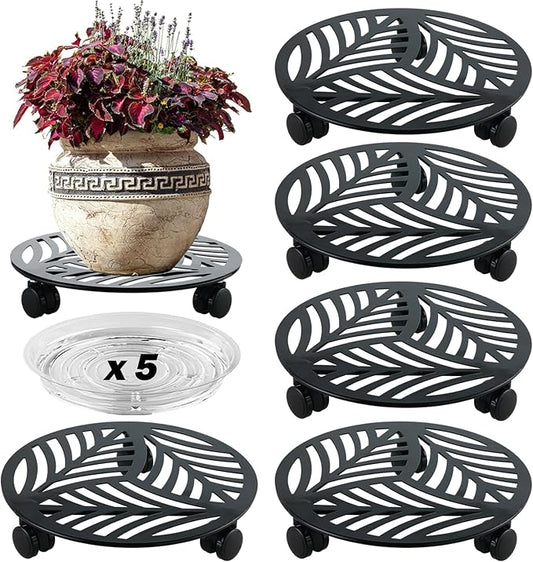 5 Packs Large Metal Plant Caddy with PU Wheels 12" Heavy-Duty Wrought Iron Rolling Plant Stands Indoor Outdoor Wheeled Plant Dolly Planter Mover Rollers Plant, Leaf Style