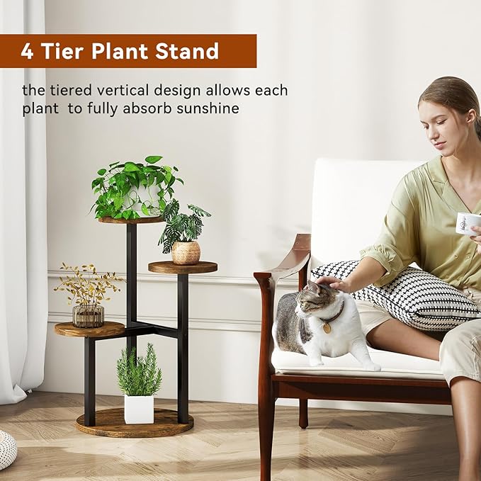 IBUYKE 4 Tier Plant Stand Indoor, Metal Wood Plant Shelf for Multiple Plants, Small Tiered Corner Flower Pot Stand for Living Room Patio Balcony Garden, Rustic Brown TMJ073H