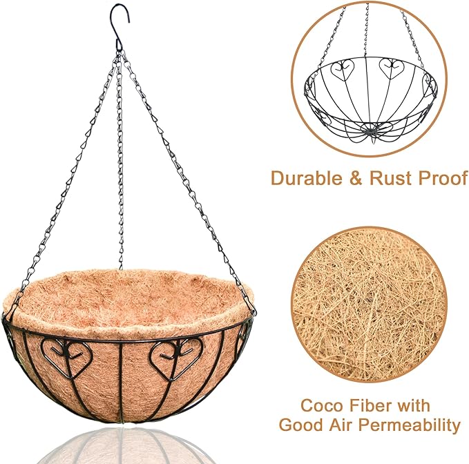 4 Pack 12 Inch Hanging Baskets for Plants Outdoor Metal Hanging Planter Basket with Coco Coir Liner Hanging Flower Baskets Hangings Flower Pots Holder for Garden, Patio(AX)