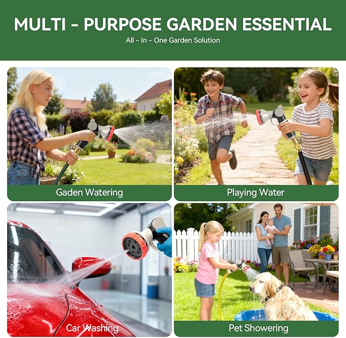 Garden Hose Nozzle,10 Adjustable Spray Patterns, Ergonomic Thumb Control Heavy-Duty Metal Spray Nozzle, Multi-Pattern Water Sprayer for Garden, Lawn, Car Wash (Thumb Control)