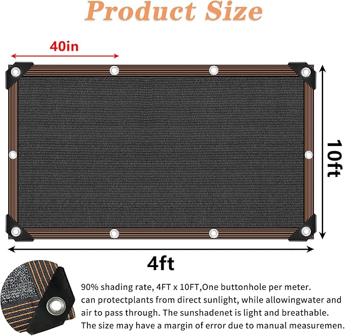 4 * 10 FT Black Shade Cloth for Patio, 90% Mesh Tarp Sun Shade Cloth with Grommets, Sun Protection Sail for Garden Greenhouse Pergola Barns Kennel Patio Outdoor Neting Cover