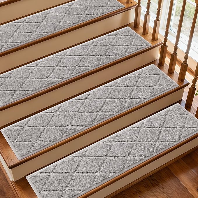 JOENIE Non-Slip Edging Stair Treads Carpet Mat 30inX8in Indoor Stair Runners for Wooden Steps, Edging Stair Rugs for Kids and Dogs, 100% Polyester TPR Backing (Grey, 12pc)