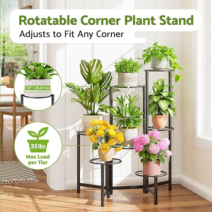 Corner Shelf Patio 7 Tier Metal Plant Stand Indoor Outdoor Tall Metal Flower Pot Stands for Multiple Plants Heavy Duty Plant Shelf Black Kite
