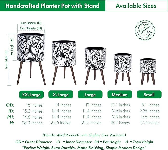 D'vine Dev 16 Inch Planter Pot with Stand, Mid-Century Tall Plant Pot with Legs for Indoor Plants, XX-Large, White/Grey, 88-L-E-7