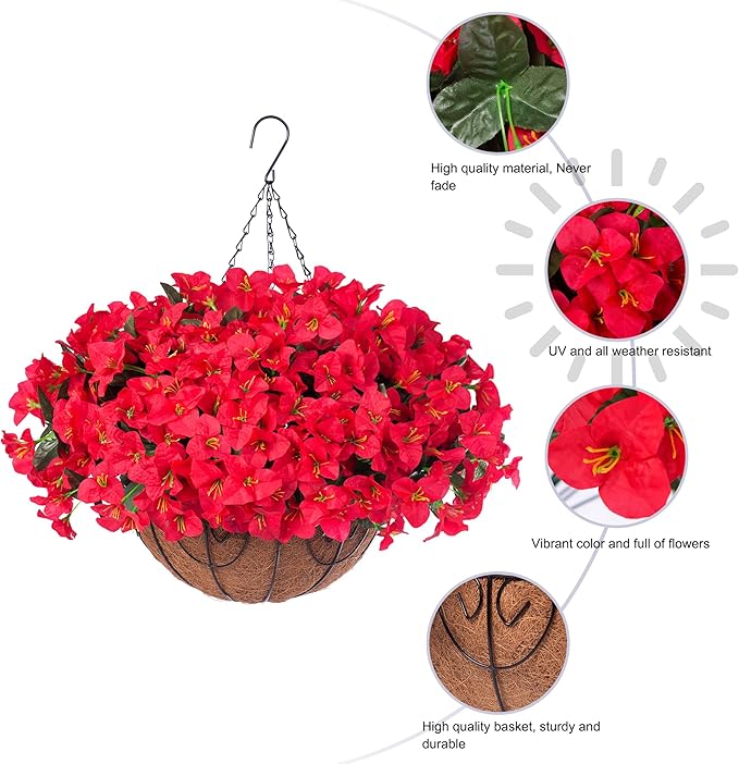 Artificial Fake Hanging Flowers for Outdoors Basket Spring Decor, Bougainvillea Faux Hanging Plants Outdoor Silk Flower in Planter Look Real UV Resistant for Outside Porch Patio Garden Yard Home, Red