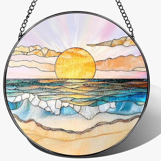 8'' Ocean Sunset Suncatcher Ornament, Stained Glass Window Hanging, Suncatchers for Windows Hanging Ornaments, Window Decor | Beach Lover Gift, Summer Vibes Gift, Gifts for Friends, Famliy