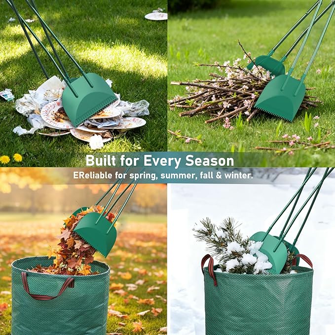 Long Handle Leaf Grabber with 32-Gallon Bag - No Bend Leaf Pickup Tool, Metal Handle with Comfort Grip, Yard Waste Bags for Lawns, Garden, Leaf Rake Set Alternative