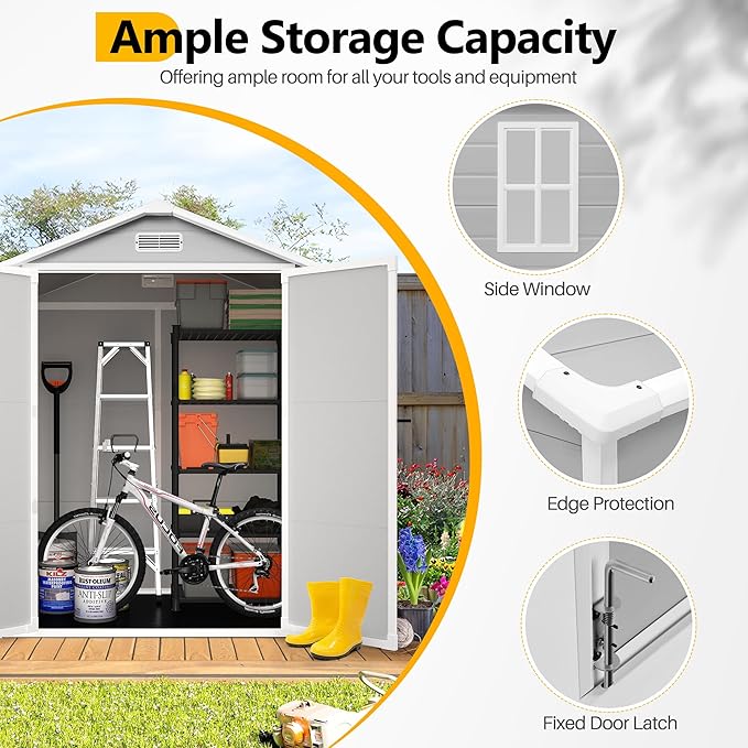 HUGROVE 6×4 Outdoor Storage Shed with Floor, Waterproof & UV-Resistant Resin Garden Shed for Backyard, Plastic Tool Shed with Lockable Double Doors, Air Vents & Side Window (Gray)