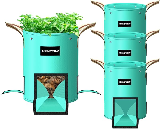 4 Pack 15 Gallon Potato Grow Bags, PE Garden Planter Bag with Breathable Screen Windows and Reinforced Handles, Ideal for Potatoes, Tomatoes, Carrots and Onions