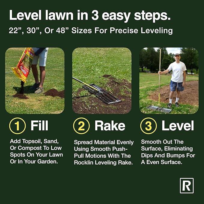 Rocklin™ Lawn Leveling Rake |Stainless Steel Surface Leveling Tool | Level Soil or Dirt Ground Surfaces Easily | 48” x 10” Ground Plate | 78” Extra Long Handle